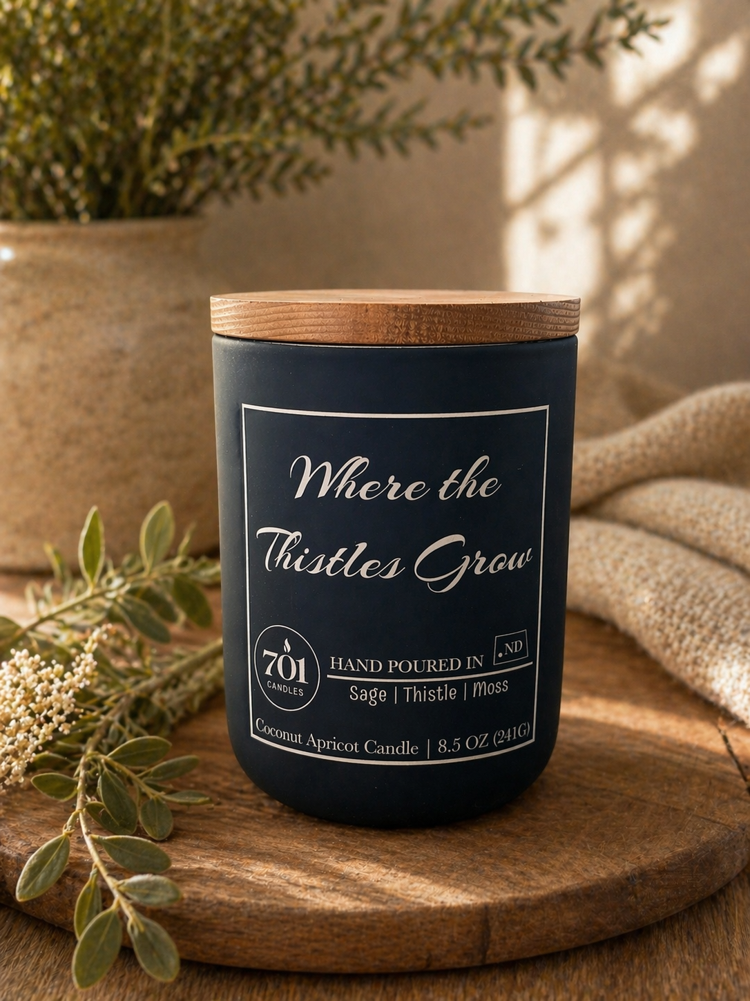 Where the Thistles Grow hand-poured coconut apricot candle in matte black tumbler with wooden lid