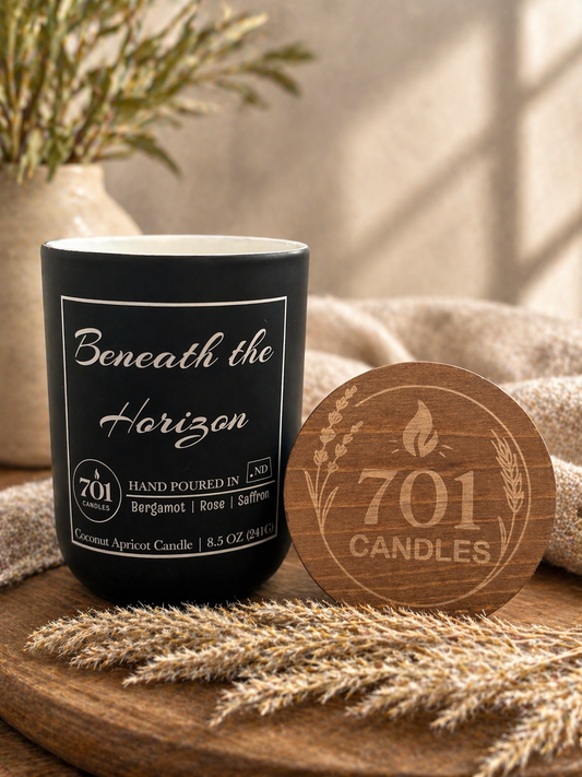 Beneath the Horizon hand-poured coconut apricot candle in matte black tumbler with wooden lid