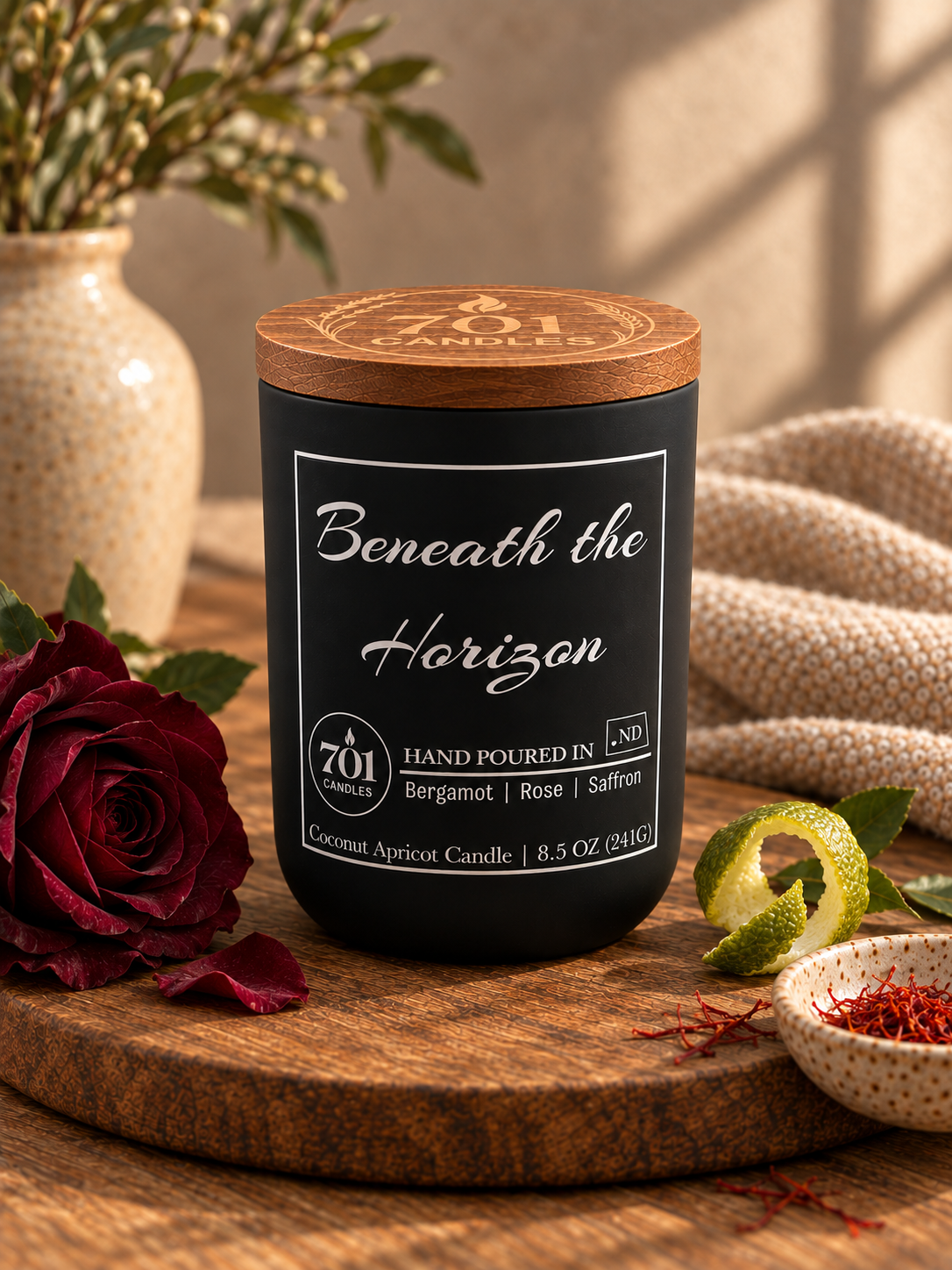 Beneath the Horizon candle in a matte-black ceramic vessel with an engraved wooden lid.
