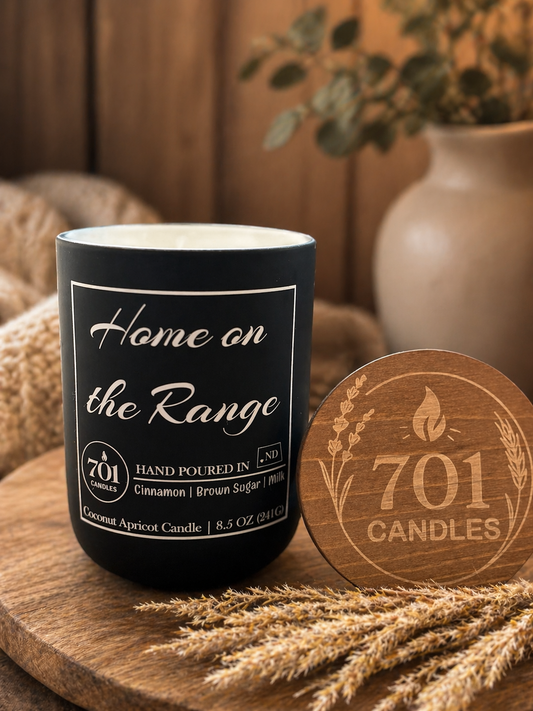Home on the Range hand-poured coconut apricot candle in matte black tumbler with wooden lid
