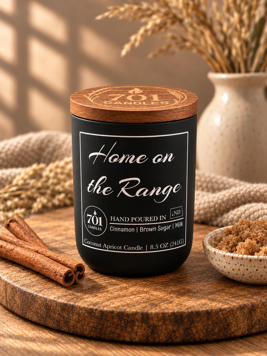 Home on the Range candle in a matte-black ceramic vessel with an engraved wooden lid.