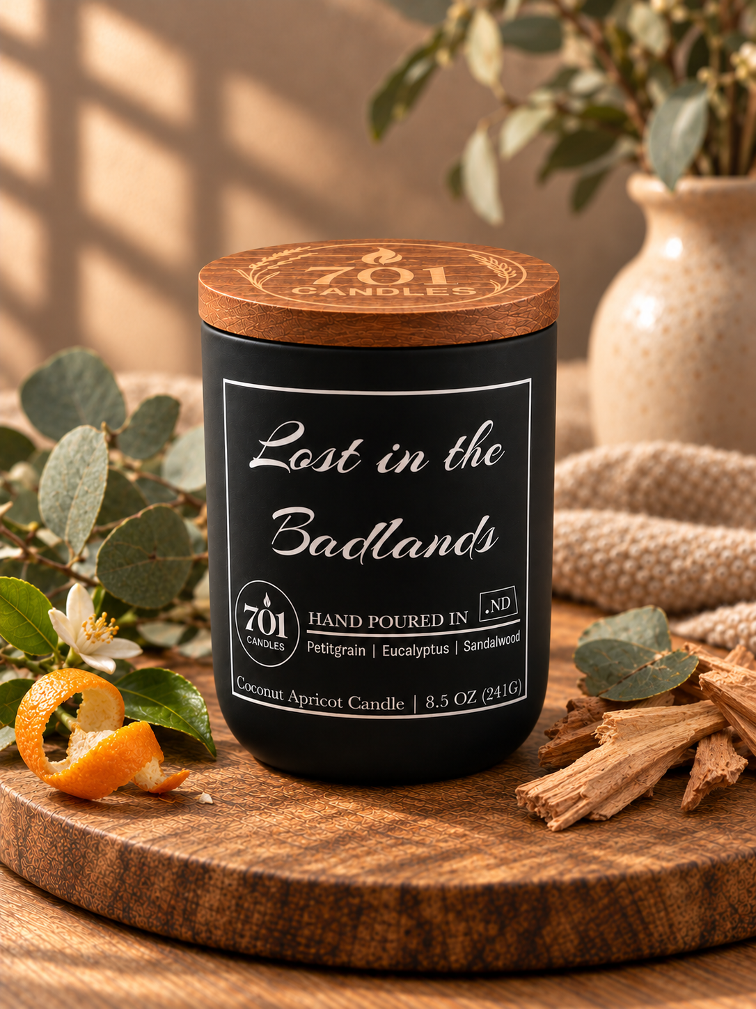 Lost in the Badlands candle in a matte-black ceramic vessel with an engraved wooden lid.