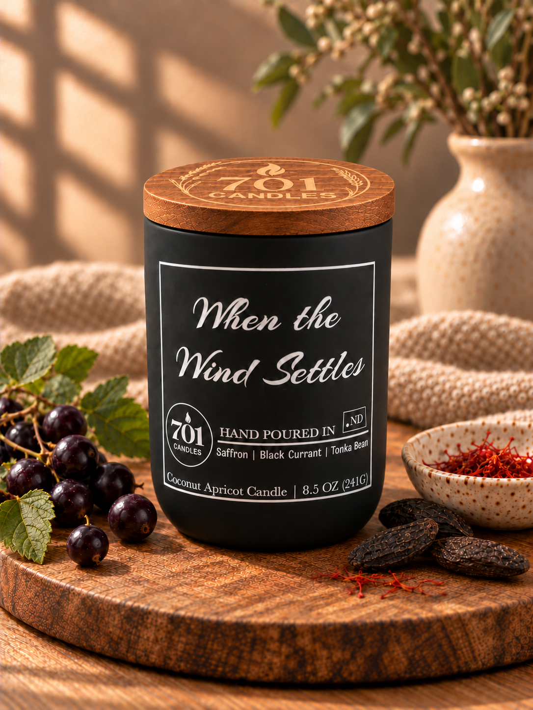 When the Wind Settles candle in a matte-black ceramic vessel with an engraved wooden lid.