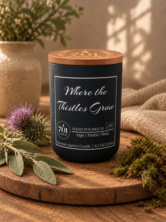Where the Thistles Grow candle in a matte-black ceramic vessel with an engraved wooden lid.